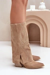 Zamszowe Kozaki Do Połowy Łydki Z Wywiniętą Cholewką Na Słupku Beżowe Zazoo 3487