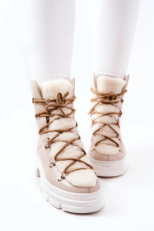 Ocieplane Skórzane Botki Trapery Jasnobeżowe Nerisso