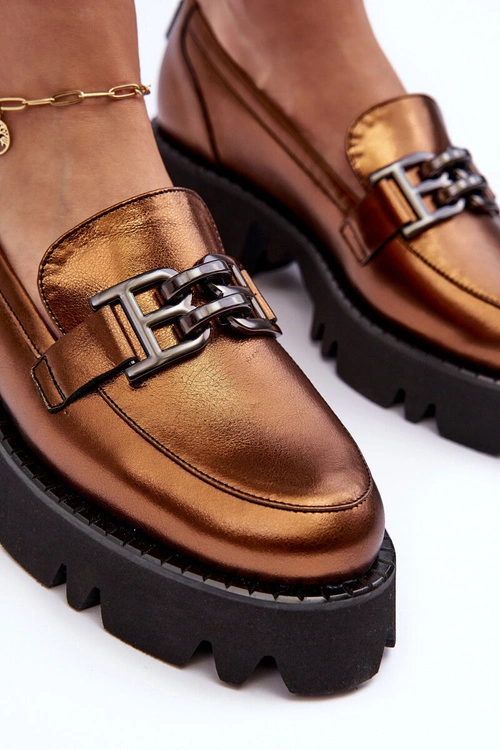 Damskie Skórzane Półbuty Loafersy Z Ozdobą Laura Messi 2699 Złote