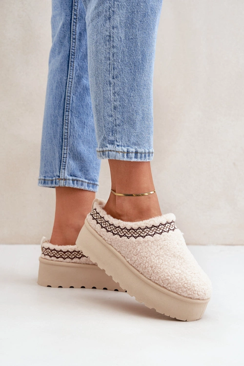 Śniegowce Kapcie Na Platformie Z Futerkiem Typu Baranek Jasnobeżowe Leaniella