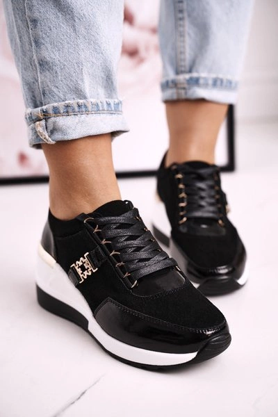 Damskie Skórzane Sneakersy Na Koturnie Czarne Złote Roxette