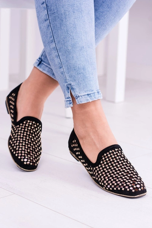 Lu Boo Czarne Ażurowe Baleriny Lordsy Ćwieki Carmar