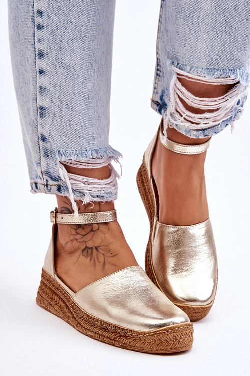 Damskie Skórzane Espadryle Sandały Złote Moise