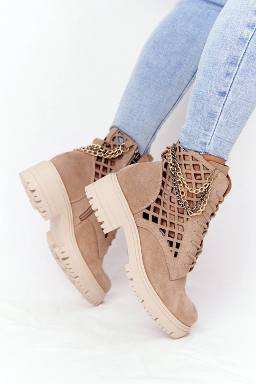 Ażurowe Botki Workery Lewski Shoes 3030-0 Piaskowe