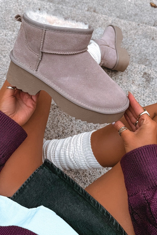 Śniegowce Damskie Z Naturalnego Zamszu Ocieplane Futerkiem Khaki Milora