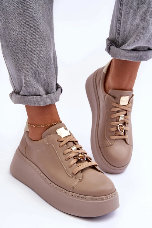 Skórzane Buty Sportowe Na Platformie Maciejka 06191-04 Beżowe