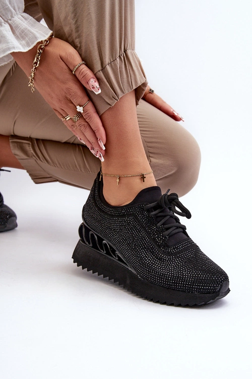 Sneakersy Damskie Na Koturnie Zdobione Cyrkoniami D&A MR38-377 Czarne