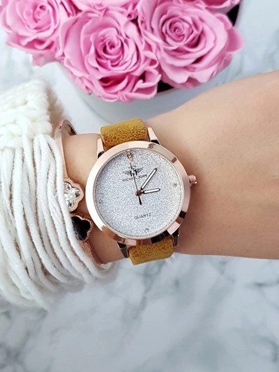 Damski Zegarek Michael John Evento Musztardowy Zamszowy Pasek Brokat