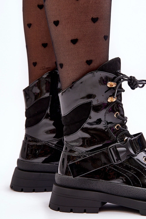 Damskie Lakierowane Botki Workery Na Platformie Czarne Nahili