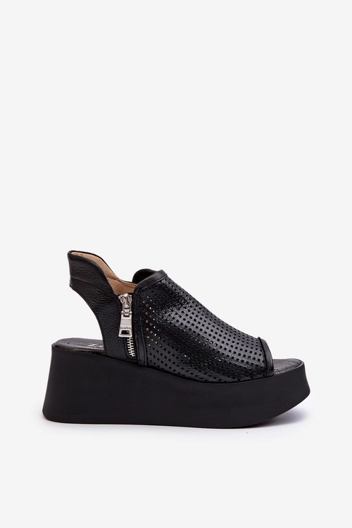 Zazoo 1792 Skórzane Ażurowe Sandały Na Koturnie Czarne