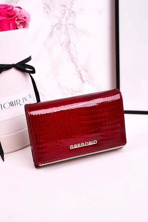 Duży Skórzany Portfel Damski GREGORIO Lakierowany Czerwony