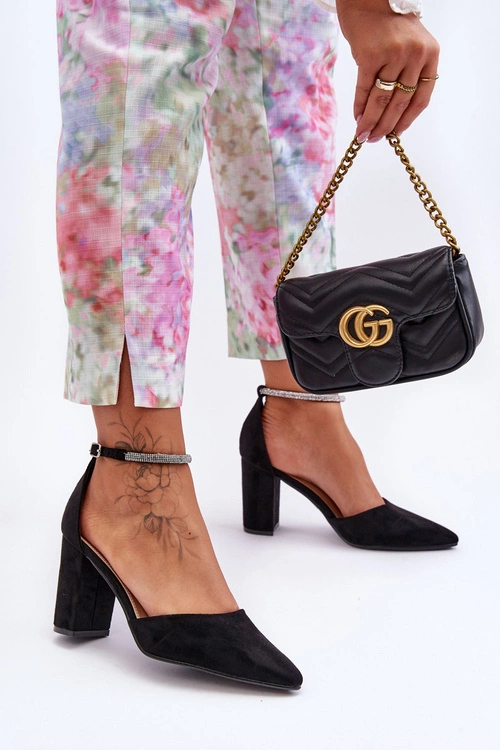 Zamszowe Czółenka Z Cyrkoniami Czarne Diamond