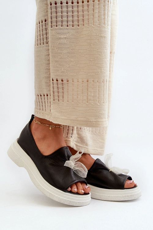 Zazoo 2939 Skórzane Sandały Damskie Z Kokardką Czarne