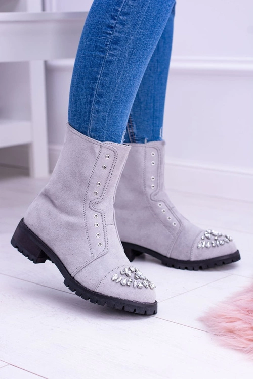 Lu Boo | Szare Damskie Botki Za Kostkę z Cyrkoniami Carrie