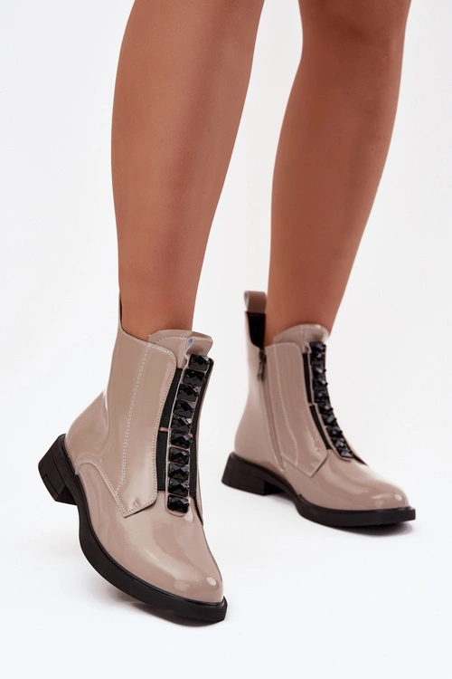 Lakierowane Botki Damskie Z Naturalnej Skóry D&A MR52-108 Beżowe