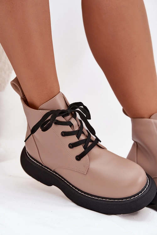 Ocieplane Botki Damskie Na Platformie Sznurowane Ciemnobeżowe Harmine
