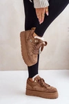 Ocieplane Futerkiem Sneakersy Damskie Na Platformie Brązowe Velarisea