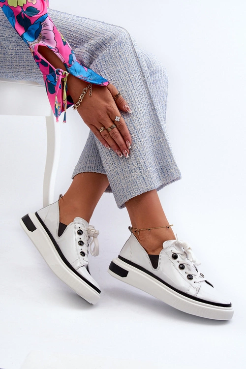 Lakierowane Sneakersy Damskie Skórzane D&A LR535 Białe