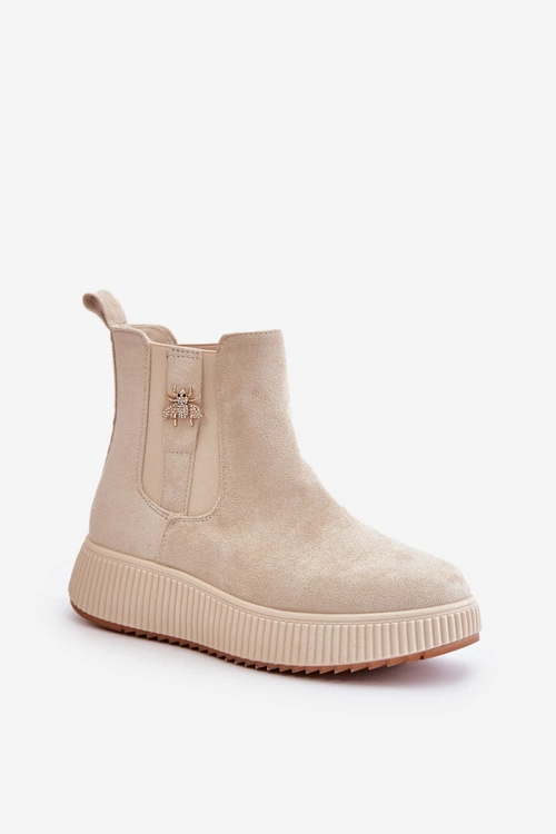 Wsuwane Botki Damskie Na Platformie Z Przypinką Eko Zamszowe Jasnobeżowe Ciatheia