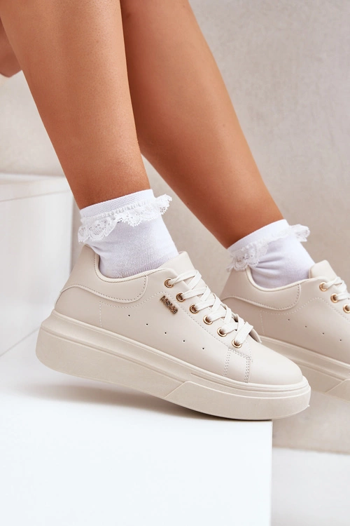 Sneakersy Damskie Na Platformie Eko Skóra Jasnobeżowe Lelandine