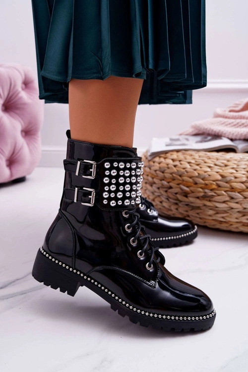 Botki Damskie Płaski Obcas Militarne Lakierowane Czarne Bemmer