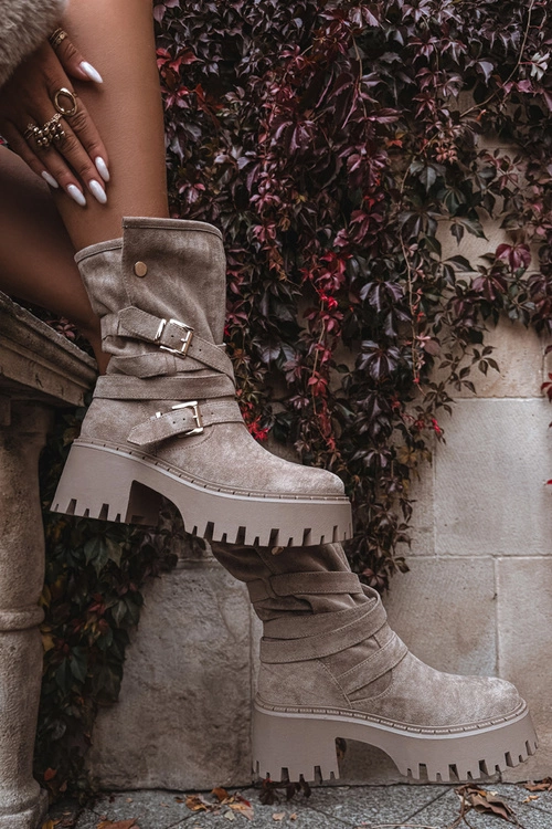 Botki Damskie Na Masywnym Obcasie Z Klamrami I Paskiem Beżowe Nerelisa