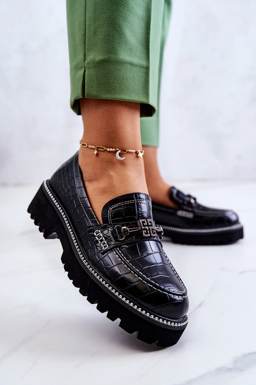 Skórzane Półbuty Wężowe Z Ozdobą Czarne Adison