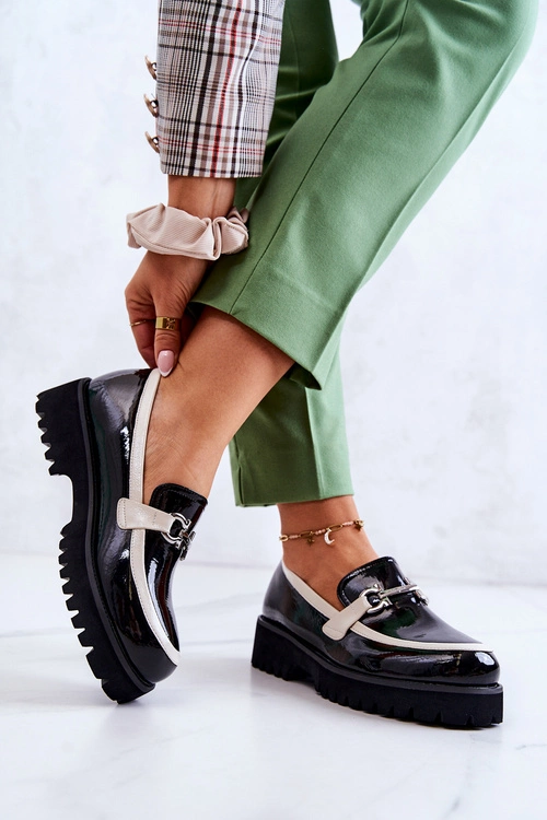 Lakierowane Damskie Półbuty Loafery Czarno-Białe Cassida