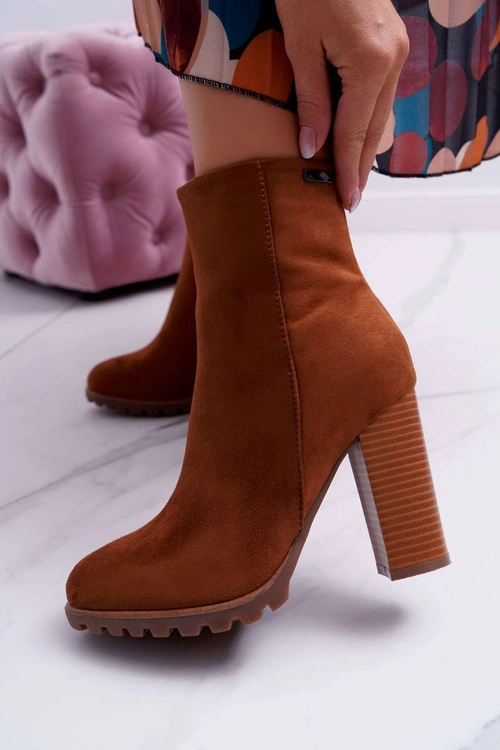 Botki Damskie na Słupku Zamszowe Camel Cadillac