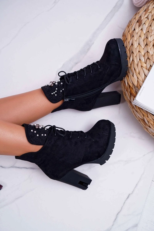 Botki Damskie na Słupku Platformie Zamszowe Czarne Fieste