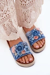 Klapki Damskie Na Platformie Z Plecionką I Kwiatkami Niebieskie Chellia 