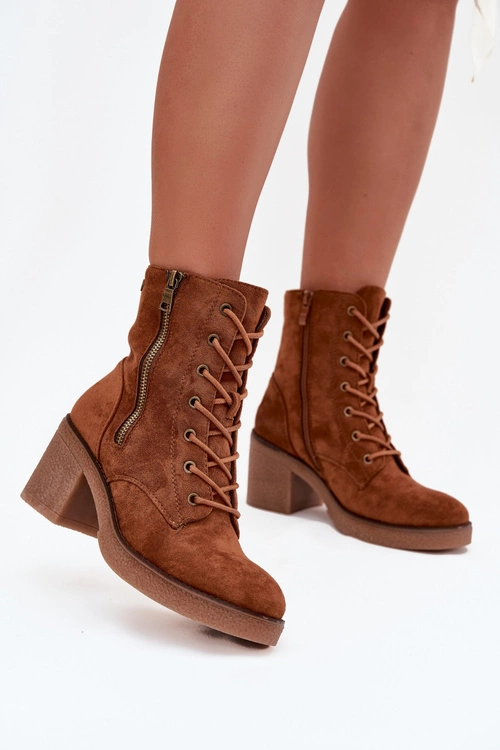 Ocieplane Botki Damskie Ze Sznurowaniem I Suwakami Camel Paressa