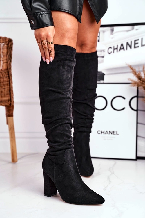 Kozaki Damskie Na Słupku Zamszowe Czarne Pomestro