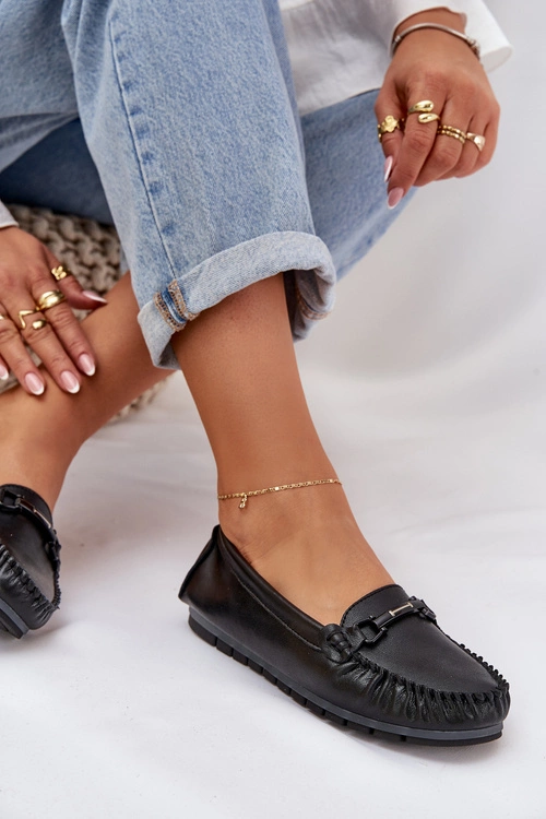 Płaskie Skórzane Mokasyny Z Ozdobą S.Barski LR51-547 Czarne