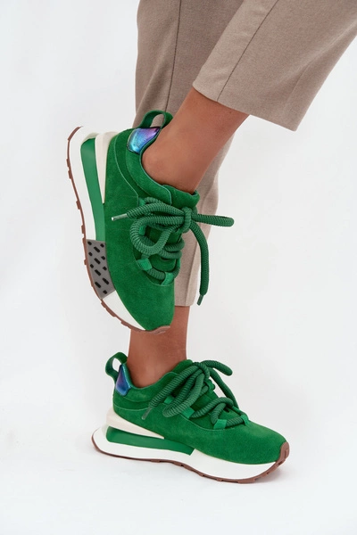 Zamszowe Sneakersy Damskie Na Platformie Z Grubym Sznurowaniem Artiker 55C0136 Zielone