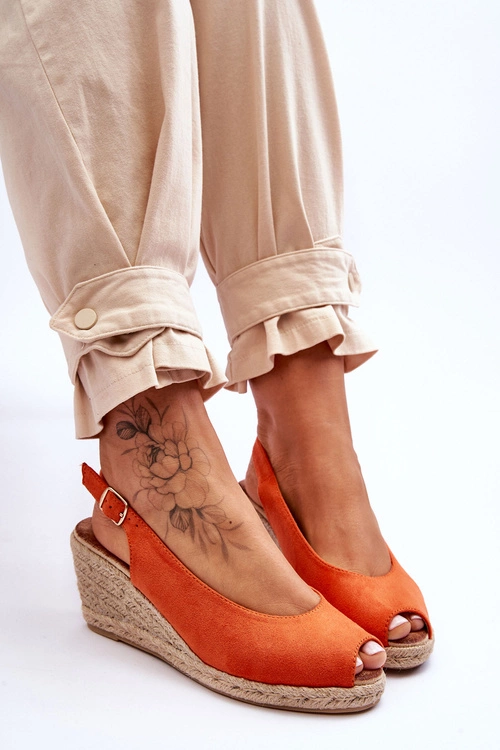 Zamszowe Sandały Na Koturnie Pomarańczowe Elsie