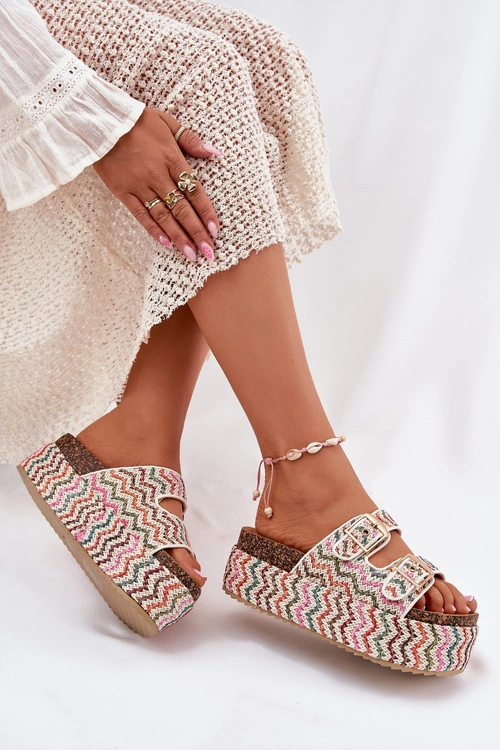 Klapki Damskie Na Masywnej Platformie Z Plecionką I Klamrami Multikolor Eradriana