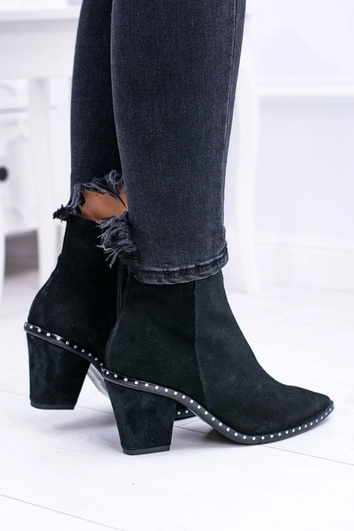 Botki Damskie Skórzane W Szpic Z Suwakiem Czarne Sonoma