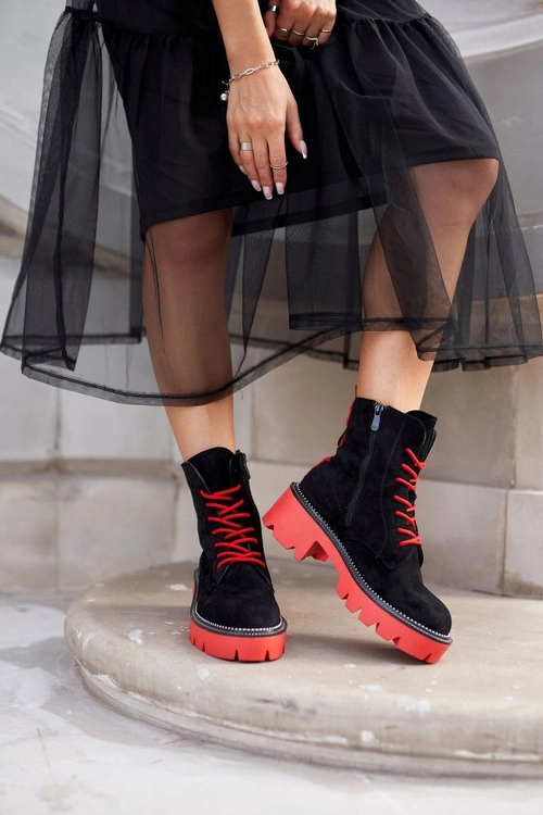 Botki Damskie Trapery Czarne Czerwone Zamszowe Malawi