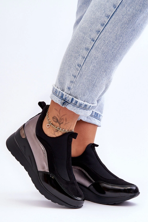 Damskie Wsuwane Buty Sportowe Na Koturnie Czarno-Srebrne Farro