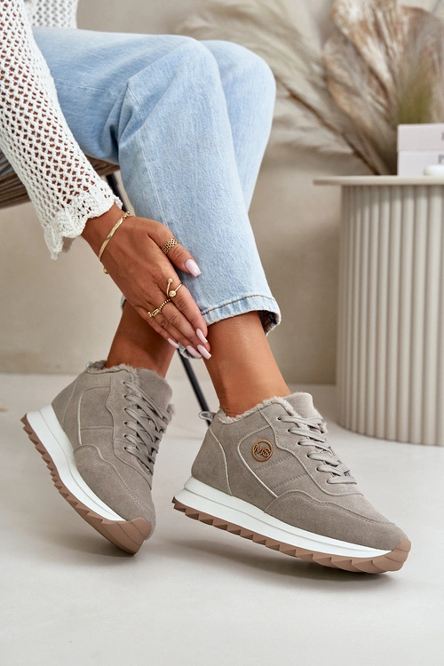 Ocieplane Skórzane Buty Sportowe Na Platformie Szare Adite