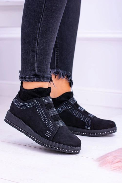 Zamszowe Czarne Damskie Obuwie Sportowe z Cyrkoniami Petite