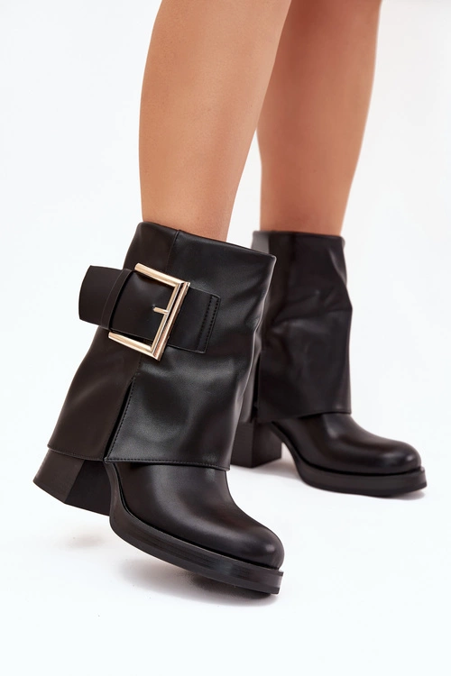 Botki Damskie Ocieplane Na Słupku Ze Złotą Klamrą Czarne Milira