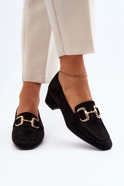 Czółenka Na Niskim Obcasie Klocku Z Ozdobą Czarne Dolvira