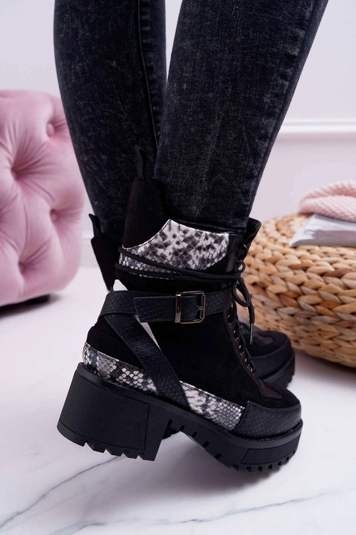 Damskie Botki Wysokie Trapery Snake Czarne Nemtere