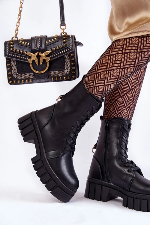 Skórzane Ocieplane Botki Na Platformie Czarne Telisa