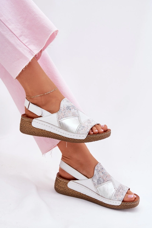 Skórzane Sandały Damskie Na Koturnie Z Plecionką Maciejka L7067-11 Białe