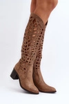 Ażurowe Kozaki Na Obcasie Brązowe Pinkema
