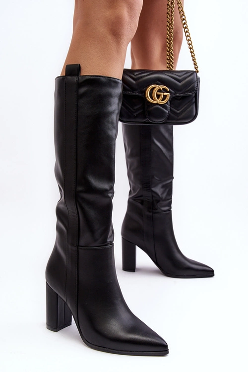 Ocieplane Damskie Kozaki Przed Kolano Na Słupku Czarne Genzani