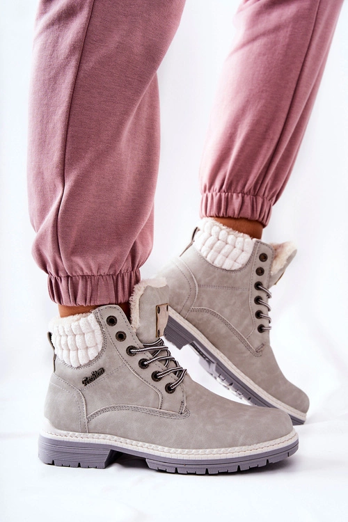 Skórzane Trapery Z Ociepleniem Jasnoszare Laralis